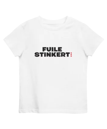 Wit tshirt met print op voorkant. Fuile stinkert tekst in zwart met kleine rode andreaskruizen ernaast.