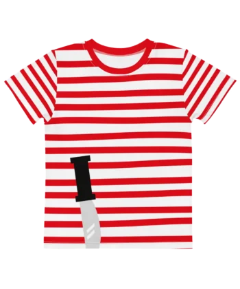 Rood-wit gestreept shirt van de Wollef met illustratie van een mes aan de onderzijde van de print.