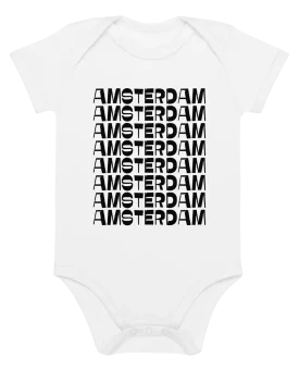 Witte romper met zwarte print het woord Amsterdam 8 keer onder elkaar geschreven