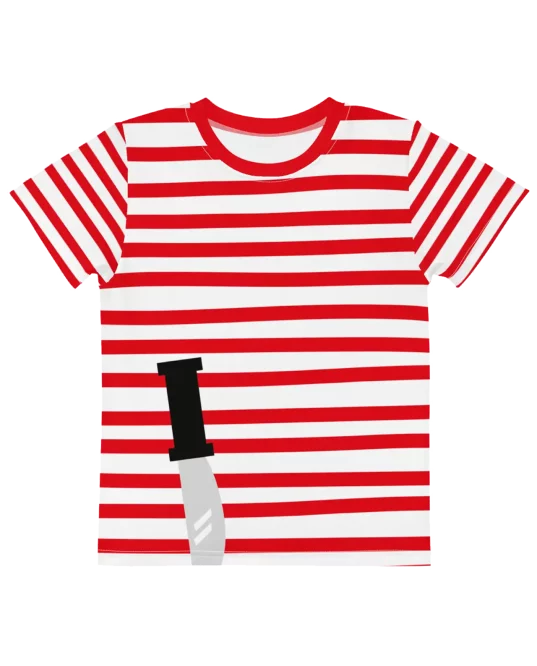 Rood-wit gestreept shirt van de Wollef met illustratie van een mes aan de onderzijde van de print.